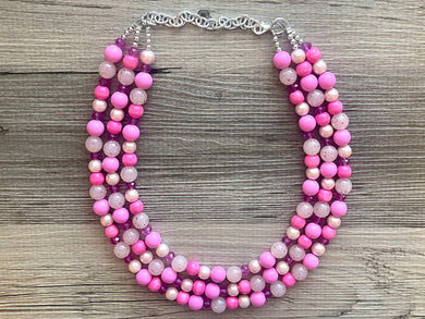 Blush Coral Dark Pink Beaded Necklace, pink Jewelry, 3 strand Chunky statement necklace, big beaded necklace, pink statement magenta