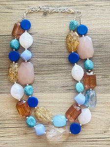 Lighthouse Blue Statement Necklace, Chunky 2 Strand Jewelry, blue silver necklace brown tan champagne thick necklace clear royal