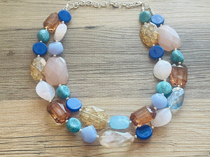 Lighthouse Blue Statement Necklace, Chunky 2 Strand Jewelry, blue silver necklace brown tan champagne thick necklace clear royal