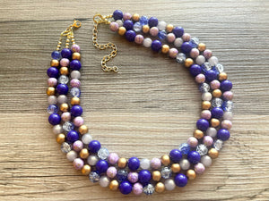 Purple Chunky Statement Necklace, 3 Strand Royal Purple Beaded Necklace earrings, chunky bib, dressy jewelry set silver gray gold