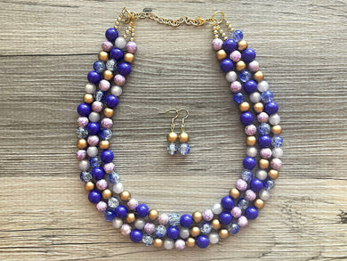 Purple Chunky Statement Necklace, 3 Strand Royal Purple Beaded Necklace earrings, chunky bib, dressy jewelry set silver gray gold
