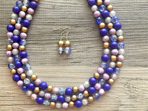 Purple Chunky Statement Necklace, 3 Strand Royal Purple Beaded Necklace earrings, chunky bib, dressy jewelry set silver gray gold