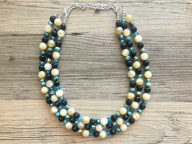 Malachite Tan Black Aqua Necklace multi strand jewelry, big bib beaded chunky statement necklace, black necklace, bridesmaid necklace