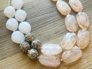 Rainbow Glitter Chunky Statement Necklace, neutral beaded necklace, bubble jewelry pink jewelry multi strand necklace, bib chunky beaded