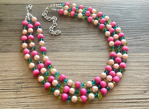 Tea Party & Brunch Necklace, Three Strand Pink Green wood statement necklace, blush pink emerald green chunky bib spring jewelry