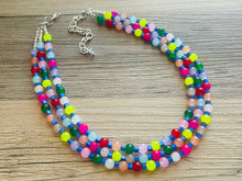 Load image into Gallery viewer, Birthday Rave Multi-Color Rainbow Silver Necklace, Chunky Statement Necklace Happy Bright Summer Jewelry, big beaded jewelry