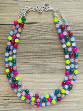 Load image into Gallery viewer, Birthday Rave Multi-Color Rainbow Silver Necklace, Chunky Statement Necklace Happy Bright Summer Jewelry, big beaded jewelry