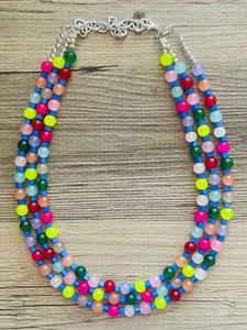 Birthday Rave Multi-Color Rainbow Silver Necklace, Chunky Statement Necklace Happy Bright Summer Jewelry, big beaded jewelry