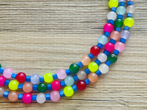 Birthday Rave Multi-Color Rainbow Silver Necklace, Chunky Statement Necklace Happy Bright Summer Jewelry, big beaded jewelry