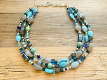 Load image into Gallery viewer, Blue Winter Ombré Chunky Statement Necklace, multi Strand Beaded Jewelry, dark blue glass jewelry, 3 strand silver aqua turquoise chunky bib