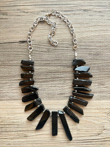 GemStone Chunky Statement Necklace, black necklace, gemstone necklace, long gem jewelry, beaded necklace, onyx stone spiky jewelry