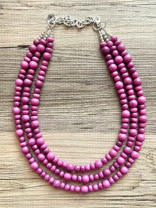 Pinkish Purple Statement Necklace, Chunky 3 Strand Jewelry, purple necklace silver necklace, Pink bib necklace bridesmaid