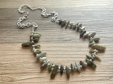 Load image into Gallery viewer, GemStone Chunky Statement Necklace, boho necklace, gemstone necklace, long gem jewelry, beaded necklace, gray green stone spiky jewelry