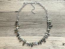 Load image into Gallery viewer, GemStone Chunky Statement Necklace, boho necklace, gemstone necklace, long gem jewelry, beaded necklace, gray green stone spiky jewelry