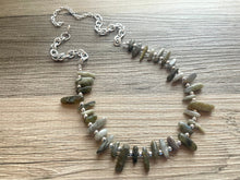 Load image into Gallery viewer, GemStone Chunky Statement Necklace, boho necklace, gemstone necklace, long gem jewelry, beaded necklace, gray green stone spiky jewelry