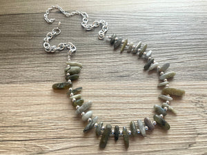 GemStone Chunky Statement Necklace, boho necklace, gemstone necklace, long gem jewelry, beaded necklace, gray green stone spiky jewelry