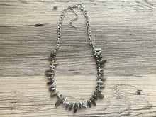 Load image into Gallery viewer, GemStone Chunky Statement Necklace, boho necklace, gemstone necklace, long gem jewelry, beaded necklace, gray green stone spiky jewelry