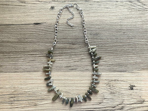 GemStone Chunky Statement Necklace, boho necklace, gemstone necklace, long gem jewelry, beaded necklace, gray green stone spiky jewelry