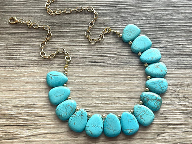 Polished Turquoise GemStone Necklace green blue statement necklace jewelry, long beaded statement layering necklace single strand