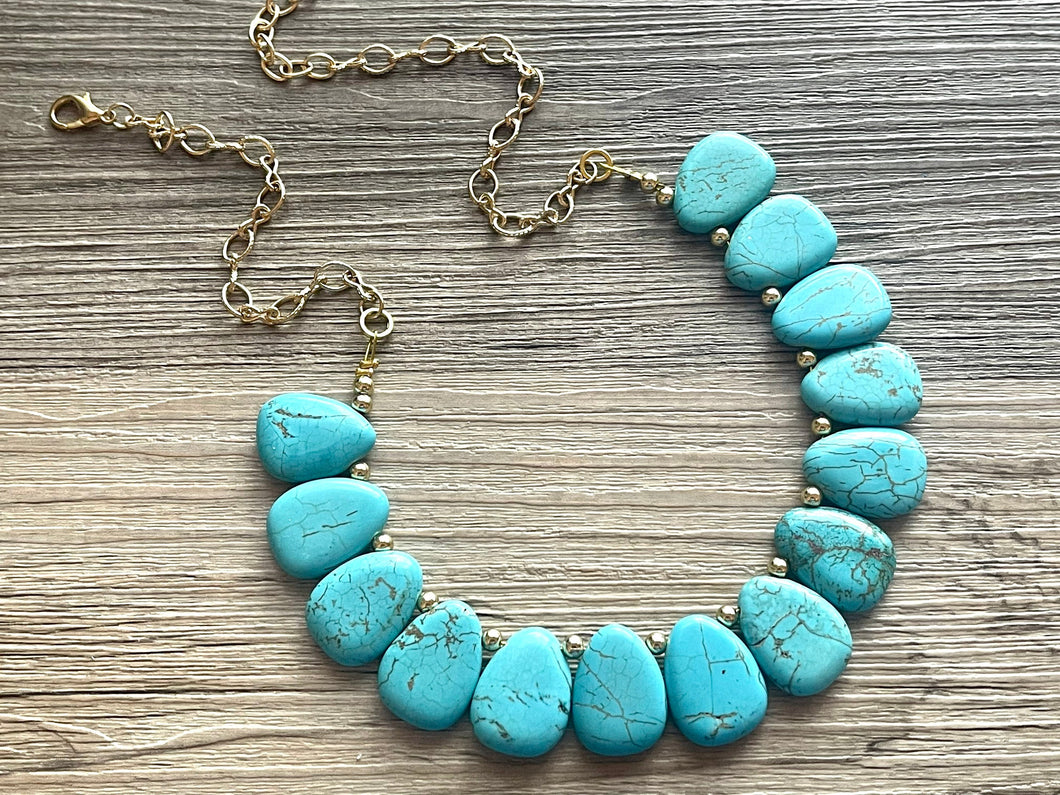 Polished Turquoise GemStone Necklace green blue statement necklace jewelry, long beaded statement layering necklace single strand