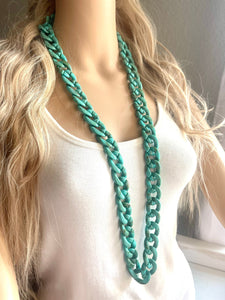 Long Acrylic necklace, seafoam linking acetate necklace, chain necklace, statement necklace jewelry, layering necklace turquoise