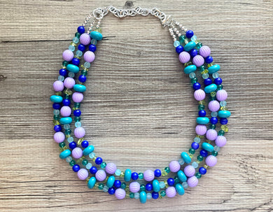 Mountain Trail Chunky Statement Necklace, lavender turquoise green blue beaded necklace, colorful jewelry multi strand necklace, bib collar