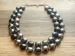 Black & Gray Necklace OOAK multi strand jewelry, big bib beaded chunky statement necklace, silver necklace, bridesmaid necklace