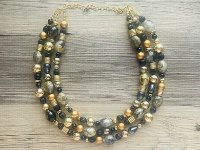 Black & Gold Extravagant Extra Chunky Statement Necklace, black gold beaded jewelry, Multi Strand Bib Necklace, Resin Beaded necklace