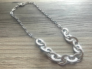 Silver Vintage Linking Chain Choker necklace, stunning elegant silver gray statement bib necklace, layering necklace