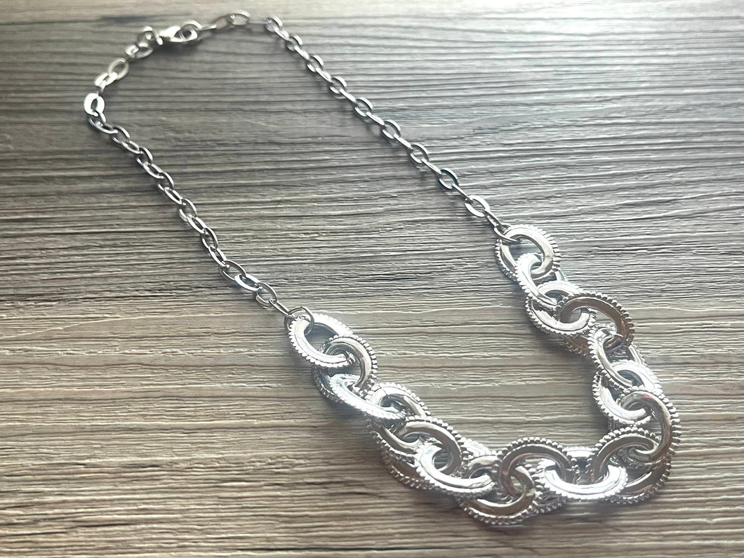 Silver Vintage Linking Chain Choker necklace, stunning elegant silver gray statement bib necklace, layering necklace