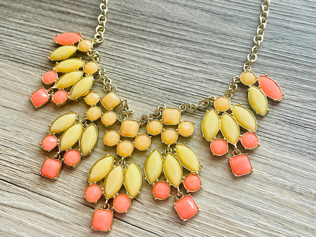 Sunrise Vintage Statement necklace, stunning elegant yellow coral statement bib necklace, gold layering necklace