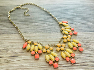 Sunrise Vintage Statement necklace, stunning elegant yellow coral statement bib necklace, gold layering necklace