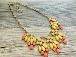 Sunrise Vintage Statement necklace, stunning elegant yellow coral statement bib necklace, gold layering necklace