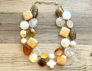 Luxe & Luxury OOAK statement Necklace, Brown gold tan resin Beaded Necklace, summer chunky champagne creamy jewelry