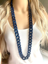 Load image into Gallery viewer, Long Acrylic necklace, navy blue linking acetate necklace, chain necklace, statement necklace jewelry, layering necklace dark blue