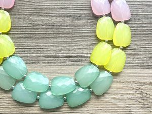 Pink & Green Chunky Statement Necklace, green pink beaded necklace jewelry, multi color jewelry multi strand necklace, bib chunky