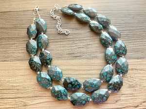 Gunmetal Gray & Teal Chunky Statement Necklace, neutral necklace, gray necklace beaded wedding, blue gray turquoise bridesmaid jewelry