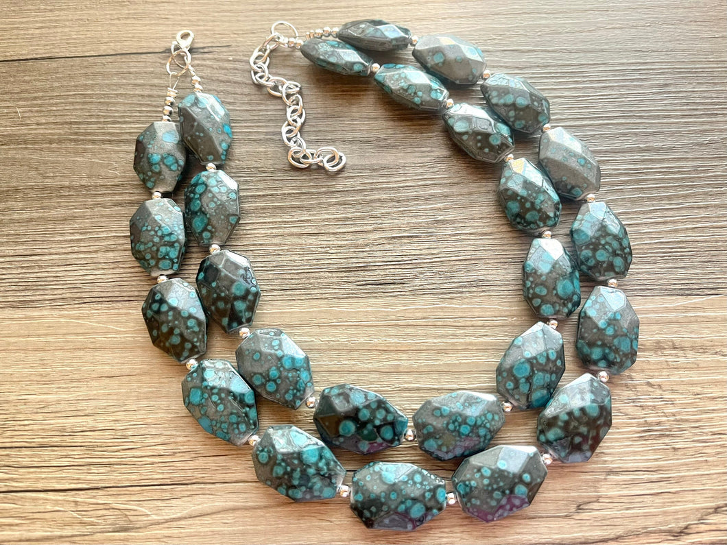 Gunmetal Gray & Teal Chunky Statement Necklace, neutral necklace, gray necklace beaded wedding, blue gray turquoise bridesmaid jewelry