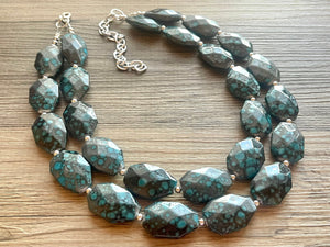 Gunmetal Gray & Teal Chunky Statement Necklace, neutral necklace, gray necklace beaded wedding, blue gray turquoise bridesmaid jewelry