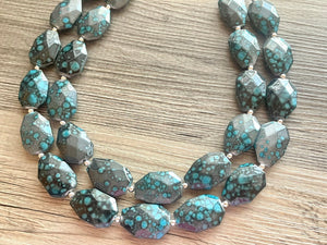 Gunmetal Gray & Teal Chunky Statement Necklace, neutral necklace, gray necklace beaded wedding, blue gray turquoise bridesmaid jewelry
