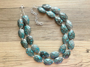 Gunmetal Gray & Teal Chunky Statement Necklace, neutral necklace, gray necklace beaded wedding, blue gray turquoise bridesmaid jewelry