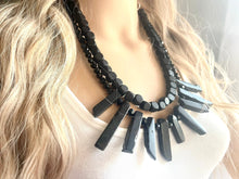 Load image into Gallery viewer, GemStone Chunky Statement Necklace, black necklace, gemstone necklace, long gem jewelry, beaded necklace, onyx stone spiky jewelry glass