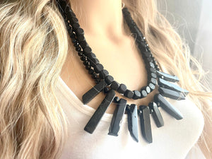 GemStone Chunky Statement Necklace, black necklace, gemstone necklace, long gem jewelry, beaded necklace, onyx stone spiky jewelry glass