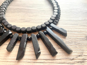 GemStone Chunky Statement Necklace, black necklace, gemstone necklace, long gem jewelry, beaded necklace, onyx stone spiky jewelry glass