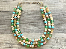 Load image into Gallery viewer, The Courtney Necklace, Triple strand bright jewelry, big beaded chunky statement, summer necklace, cream coral blue turquoise gold green