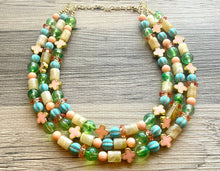 Load image into Gallery viewer, The Courtney Necklace, Triple strand bright jewelry, big beaded chunky statement, summer necklace, cream coral blue turquoise gold green