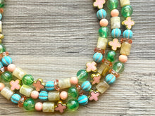 Load image into Gallery viewer, The Courtney Necklace, Triple strand bright jewelry, big beaded chunky statement, summer necklace, cream coral blue turquoise gold green