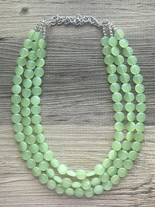 Honeydew Triple Strand statement necklace, round beaded chunky jewelry set, light green Bib silver earring mojito bridesmaid wedding