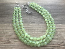 Load image into Gallery viewer, Honeydew Triple Strand statement necklace, round beaded chunky jewelry set, light green Bib silver earring mojito bridesmaid wedding