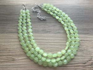 Honeydew Triple Strand statement necklace, round beaded chunky jewelry set, light green Bib silver earring mojito bridesmaid wedding